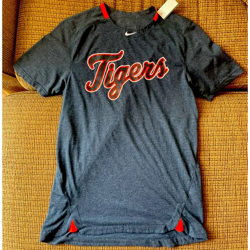 Nike Mens MLB Auth. Detroit Tigers Baseball Dri Fit Shirt Navy Org Sz Sm - EUC!